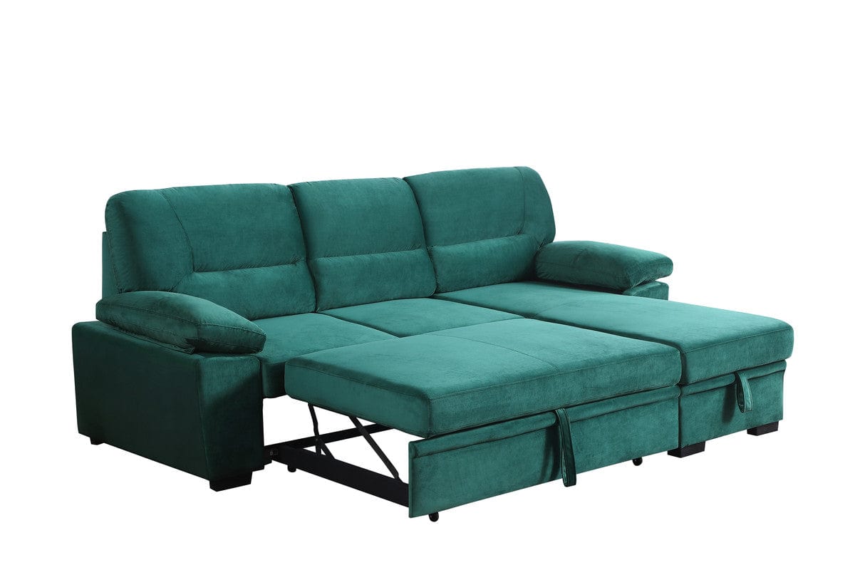 Willow & Hearth Kipling 97.5"W Green Velvet Fabric Reversible Sleeper Sectional Sofa Chaise