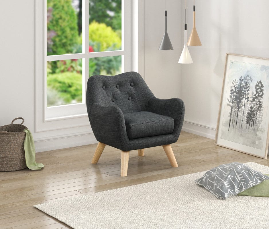 Willow & Hearth Fenix 19.5"W Gray Linen Kids Chair with Button Tufted Back and Wooden Legs