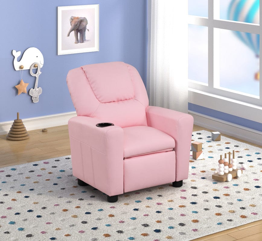 Willow & Hearth Marisa 23"W Pink PU Leather Kids Recliner Chair with Cupholder