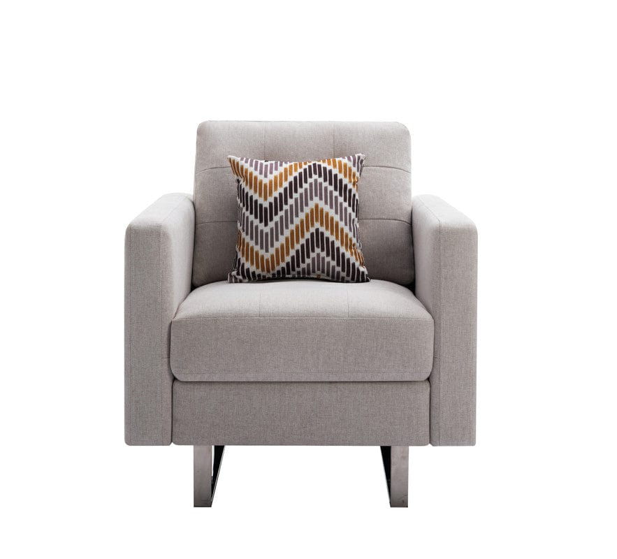 Willow & Hearth Victoria 33.5"W Beige Linen Fabric Armchair with Metal Legs, Side Pockets, and Pillow