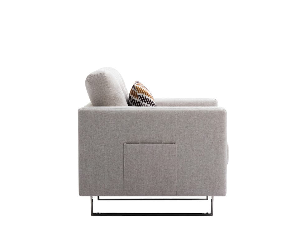 Willow & Hearth Victoria 33.5"W Beige Linen Fabric Armchair with Metal Legs, Side Pockets, and Pillow