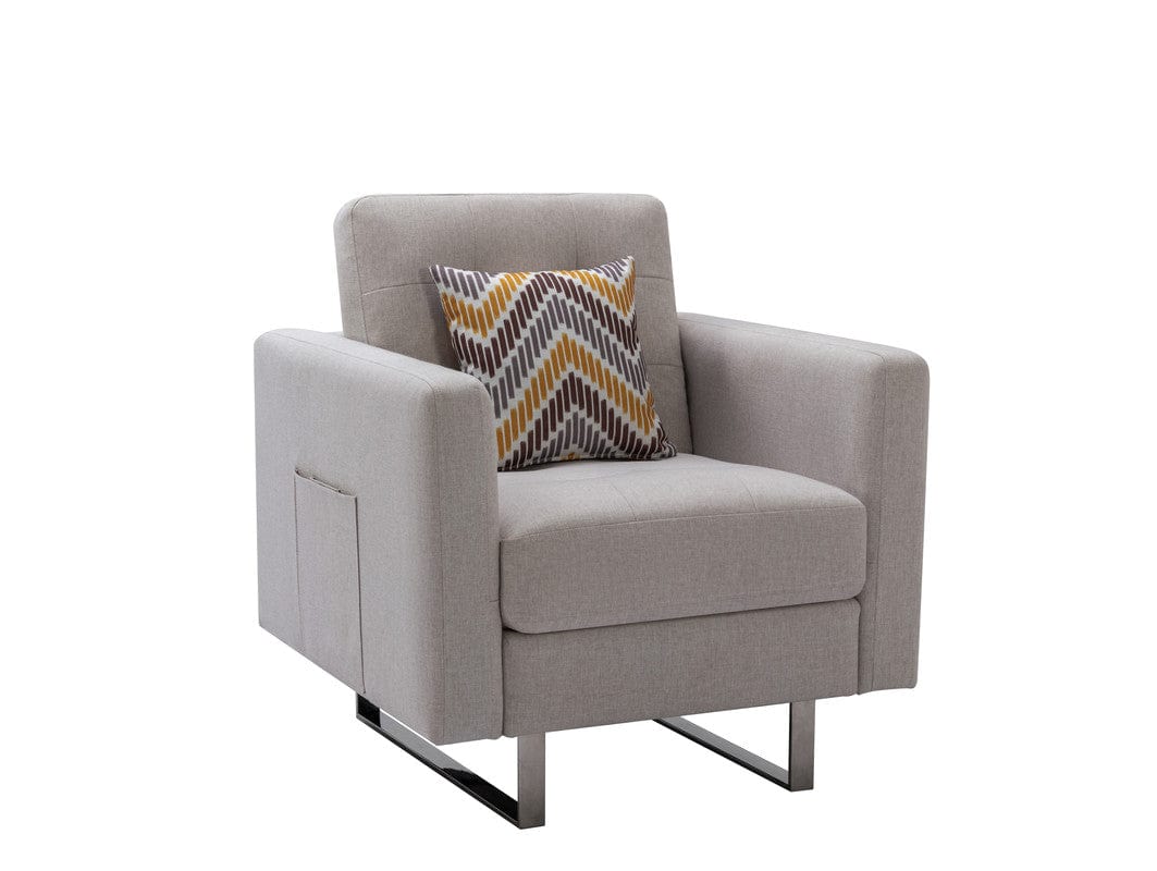 Willow & Hearth Victoria 33.5"W Beige Linen Fabric Armchair with Metal Legs, Side Pockets, and Pillow