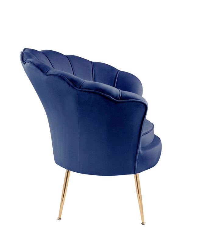 Willow & Hearth Angelina 34"W Blue Velvet Scalloped Back Barrel Accent Chair with Metal Legs