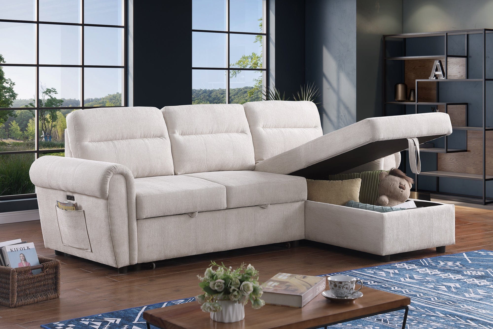 Willow & Hearth Hugo 97"W Beige Chenille Reversible Sleeper Sectional Sofa Chaise with USB Charger