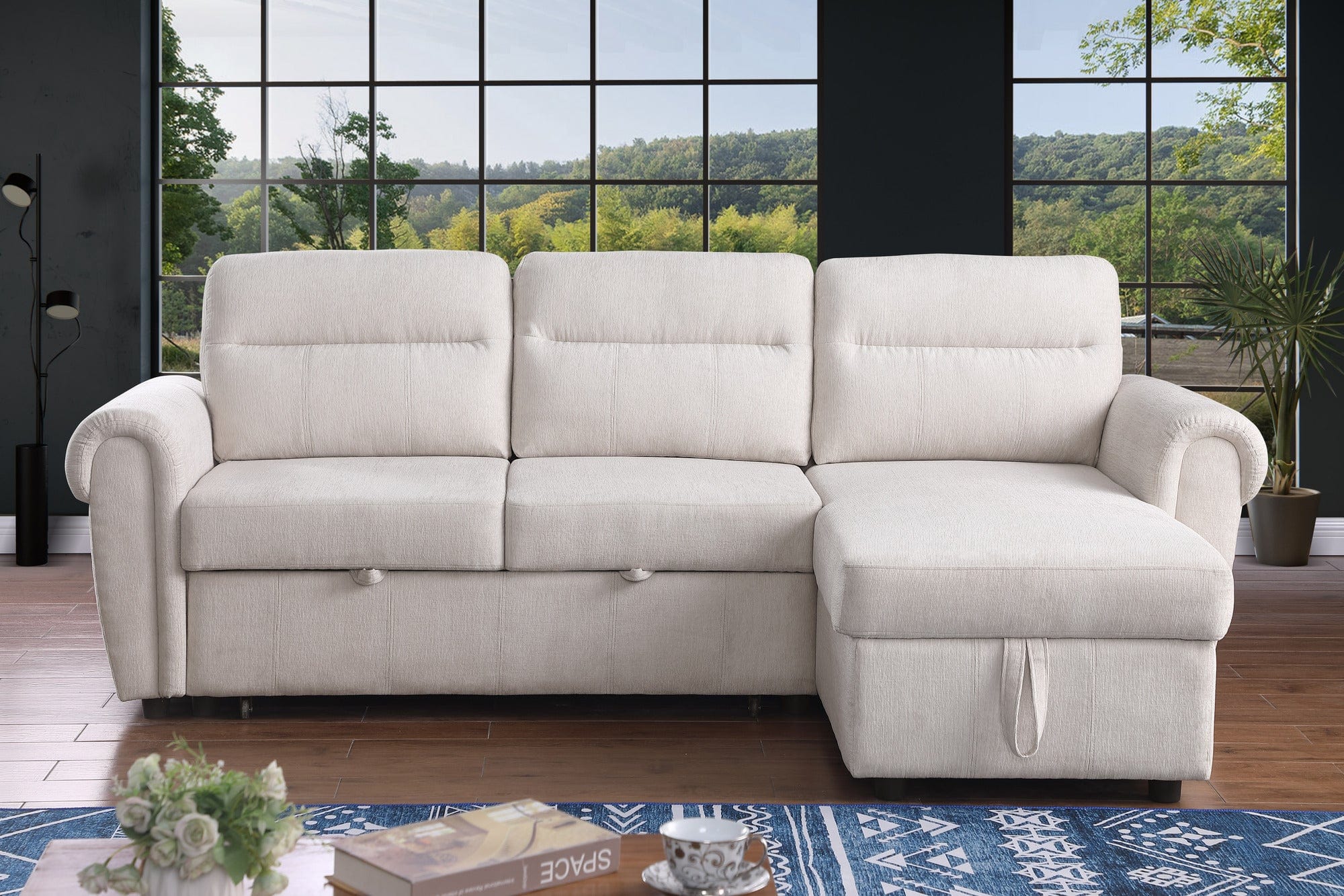 Willow & Hearth Hugo 97"W Beige Chenille Reversible Sleeper Sectional Sofa Chaise with USB Charger