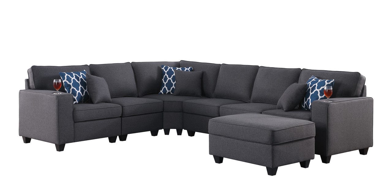 Willow & Hearth Cooper 125"W Dark Gray Linen 7Pc Reversible L-Shape Sectional Sofa with Ottoman and Cupholder