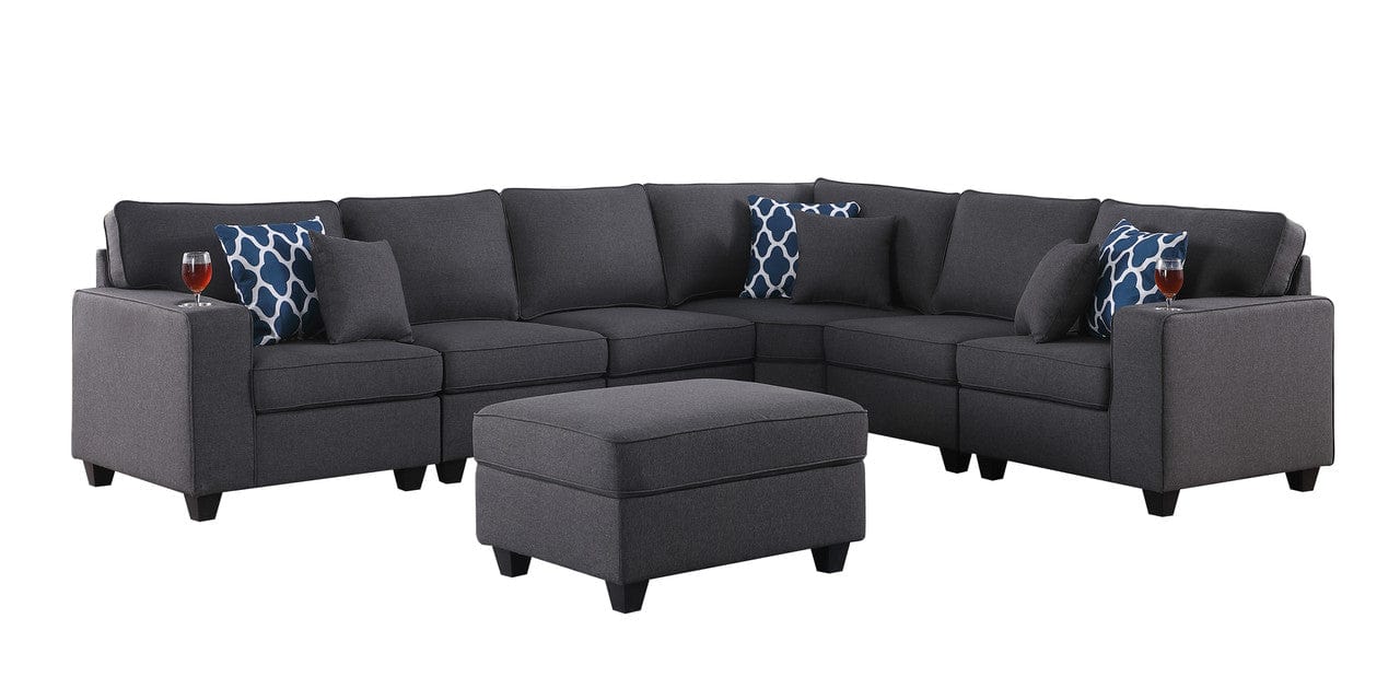 Willow & Hearth Cooper 125"W Dark Gray Linen 7Pc Reversible L-Shape Sectional Sofa with Ottoman and Cupholder