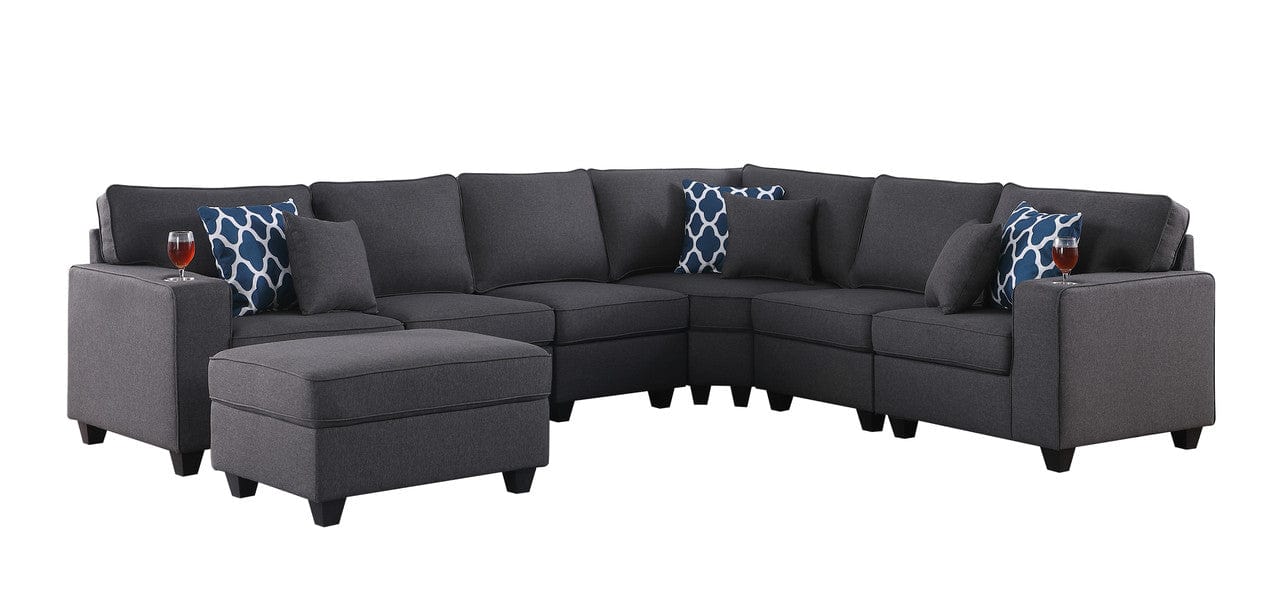 Willow & Hearth Cooper 125"W Dark Gray Linen 7Pc Reversible L-Shape Sectional Sofa with Ottoman and Cupholder