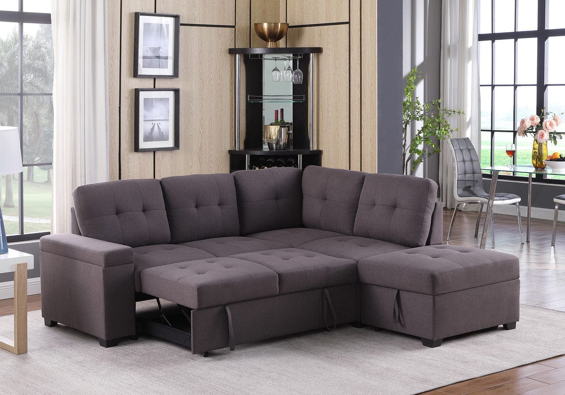 Willow & Hearth Katie 87.75"W Brown Linen Sleeper Sectional Sofa with Storage Ottoman, Storage Arm