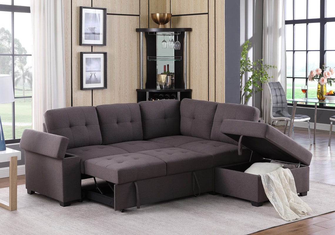 Willow & Hearth Katie 87.75"W Brown Linen Sleeper Sectional Sofa with Storage Ottoman, Storage Arm