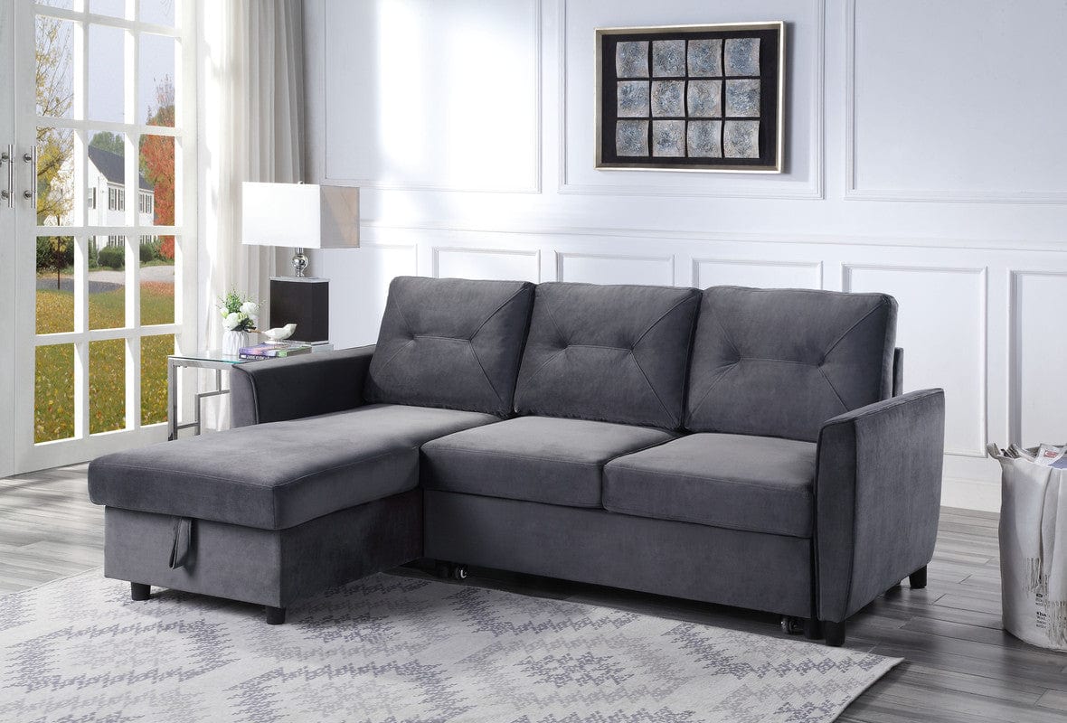 Willow & Hearth Hudson 83"W Dark Gray Velvet Reversible Sleeper Sectional Sofa with Storage Chaise