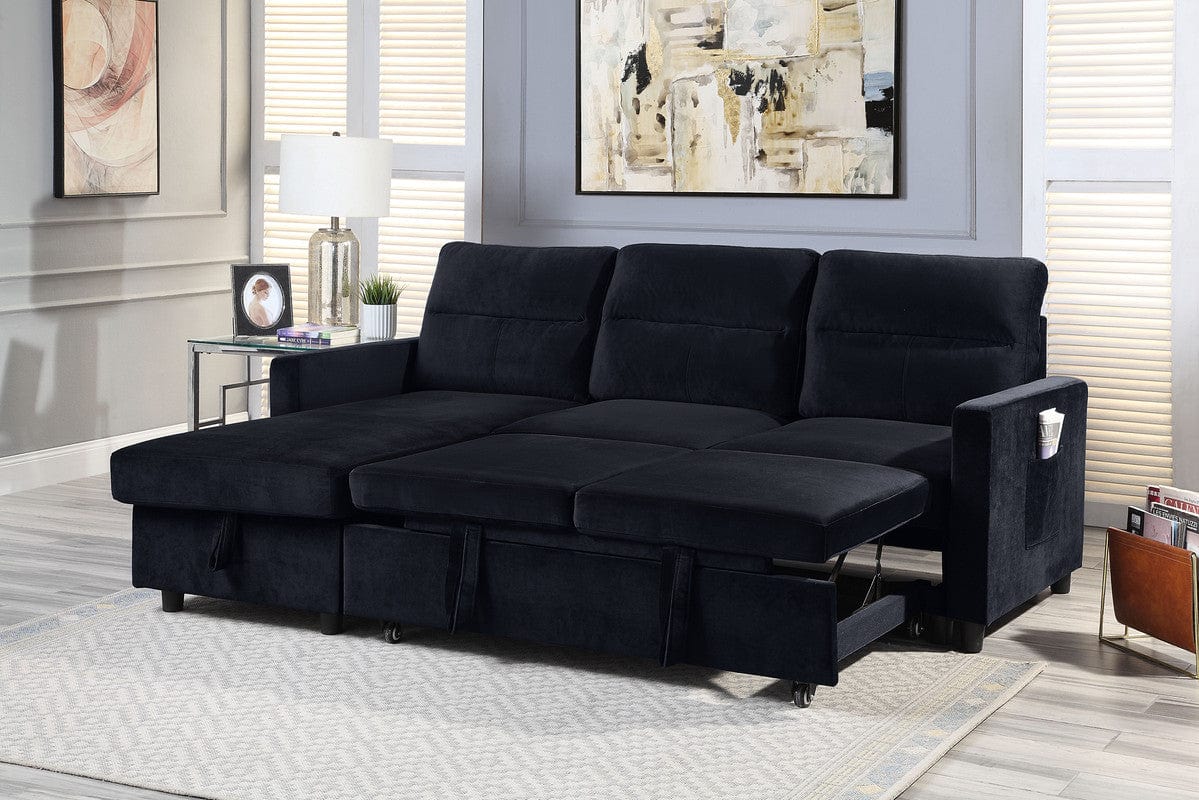 Willow & Hearth Ivy 81.5"W Black Velvet Reversible Sleeper Sectional Sofa with Storage Chaise and Side Pocket
