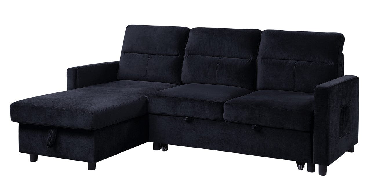 Willow & Hearth Ivy 81.5"W Black Velvet Reversible Sleeper Sectional Sofa with Storage Chaise and Side Pocket