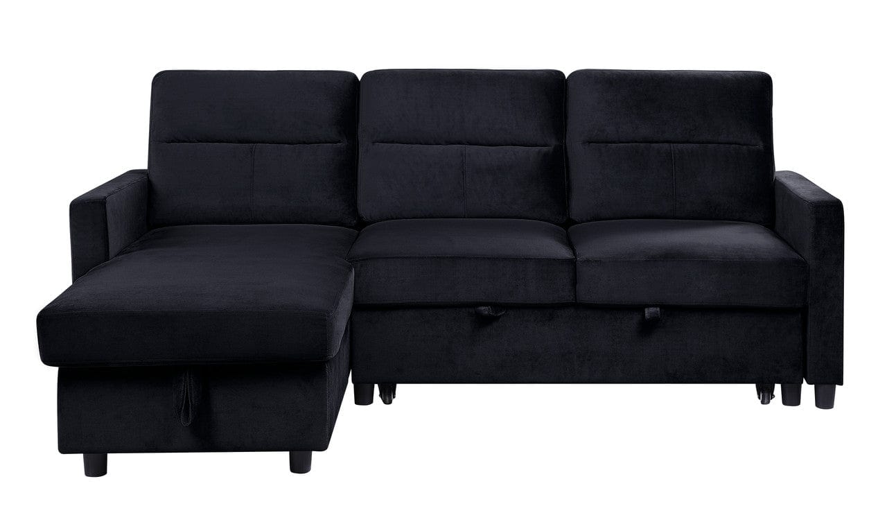 Willow & Hearth Ivy 81.5"W Black Velvet Reversible Sleeper Sectional Sofa with Storage Chaise and Side Pocket