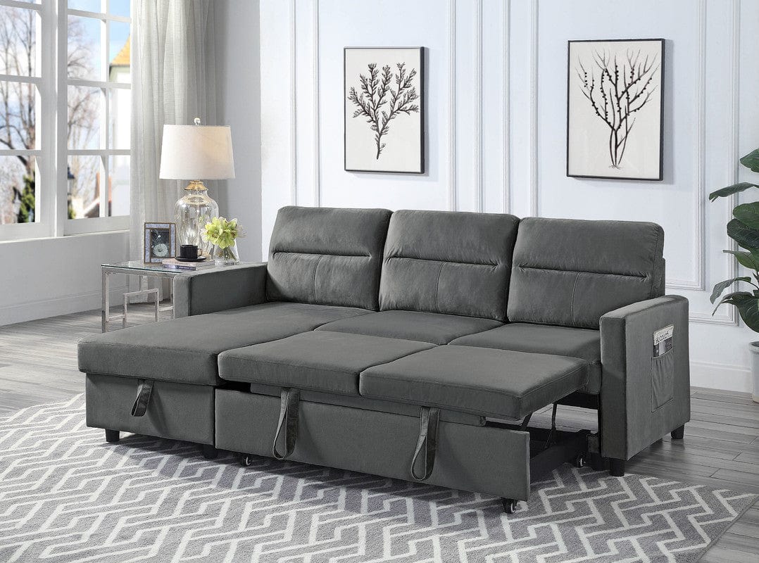 Willow & Hearth Ivy 81.5"W Dark Gray Velvet Reversible Sleeper Sectional Sofa with Storage Chaise and Side Pocket