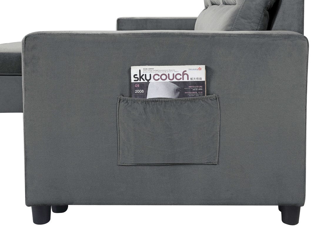 Willow & Hearth Ivy 81.5"W Dark Gray Velvet Reversible Sleeper Sectional Sofa with Storage Chaise and Side Pocket