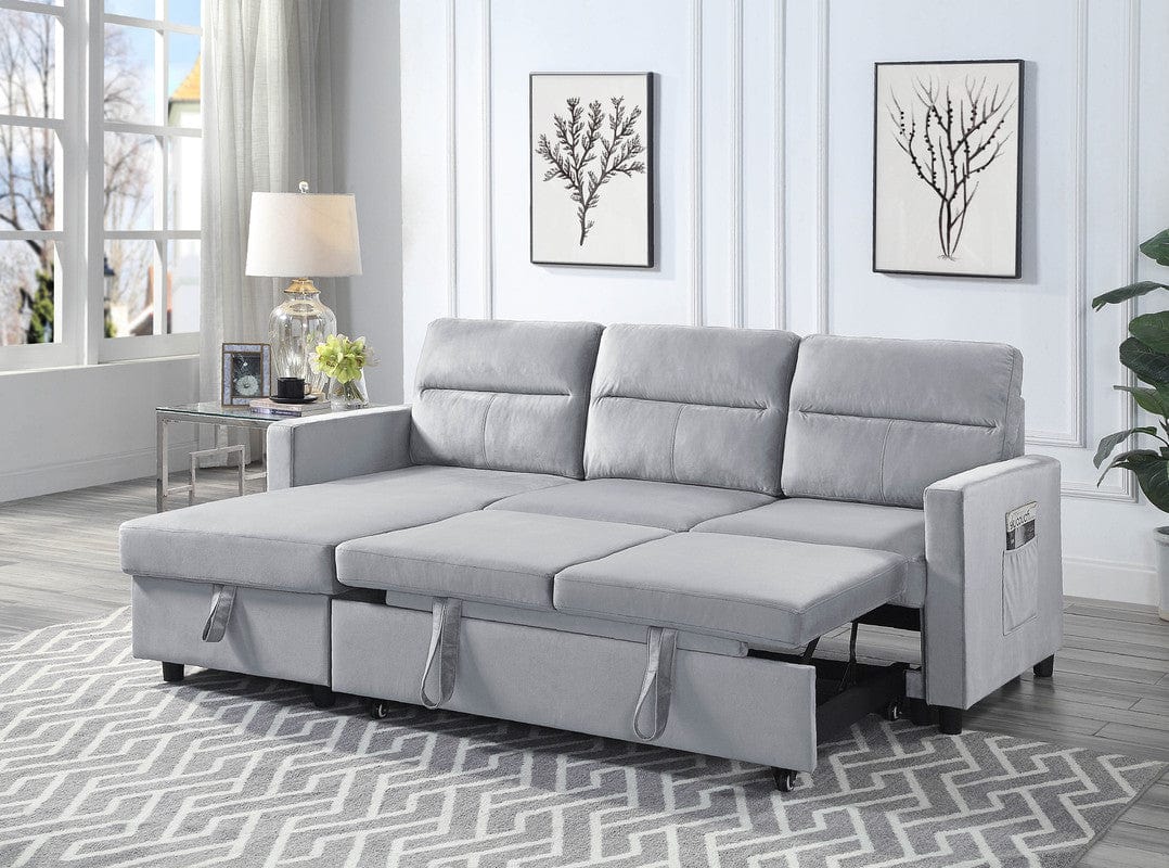 Willow & Hearth Ivy 81.5"W Light Gray Velvet Reversible Sleeper Sectional Sofa with Storage Chaise and Side Pocket