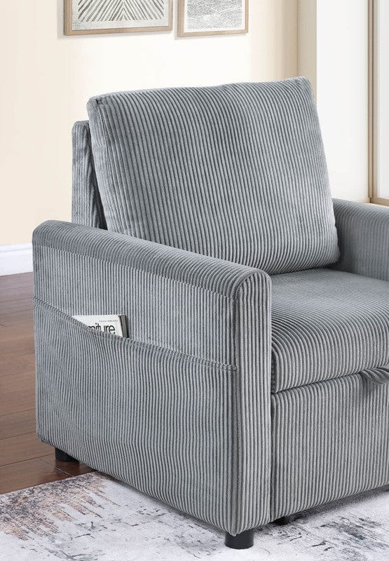 Willow & Hearth Oswin 33"W Gray Corduroy Armchair with Pull-Out Chaise and Side Pocket