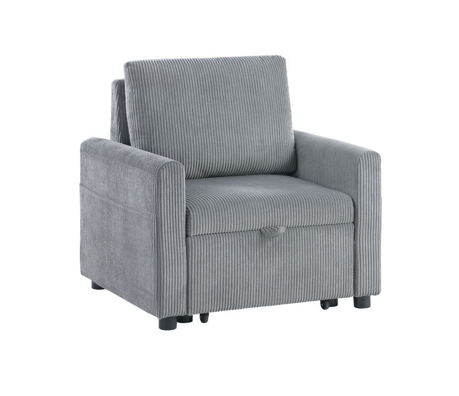 Willow & Hearth Oswin 33"W Gray Corduroy Armchair with Pull-Out Chaise and Side Pocket