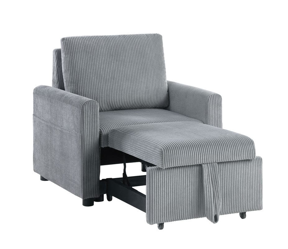 Willow & Hearth Oswin 33"W Gray Corduroy Armchair with Pull-Out Chaise and Side Pocket
