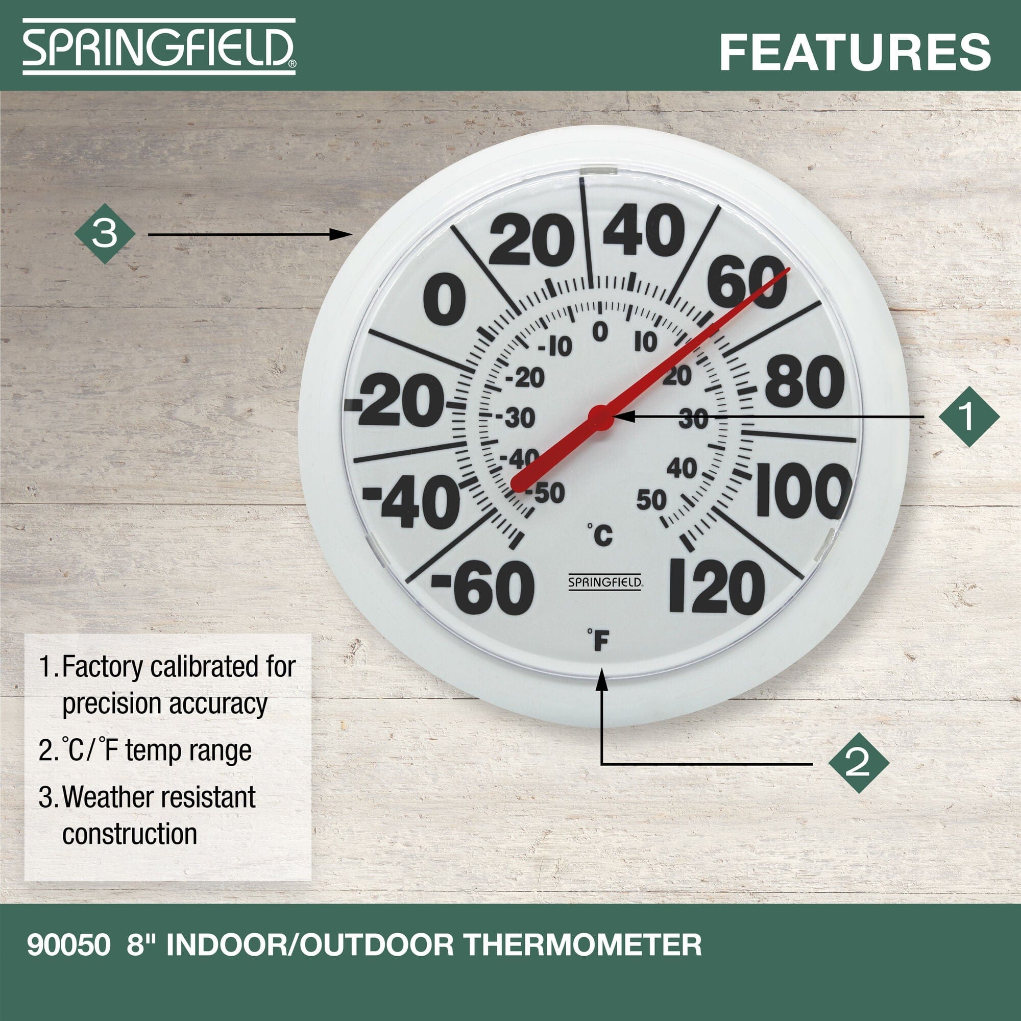 Springfield Indoor Outdoor Big Bold Dial Thermometer, Wireless, for Patio, Pool, and Indoor Areas, 8-Inch, White