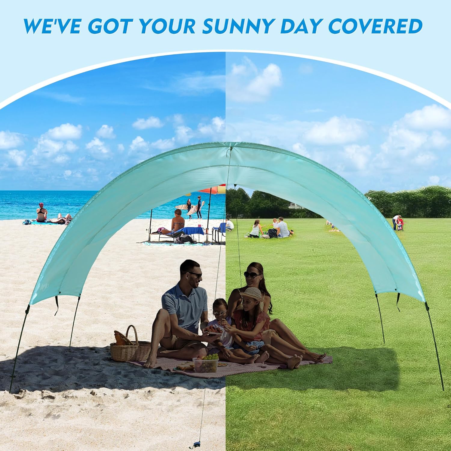 Zingtto Beach Sun Shade, UPF 50+ UV Protection, 150 Sq. Ft. Windproof Canopy Tent,  Easy Set Up, Compact & Portable for Beach, Camping, Backyard, Aqua
