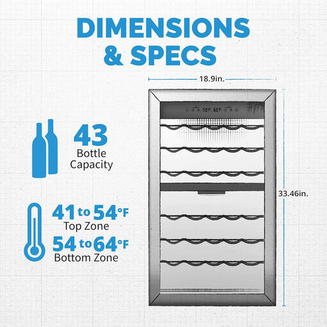 Newair Freestanding Dual Zone Wine Fridge, 43 Bottles, Stainless Steel - Certified Refurbished
