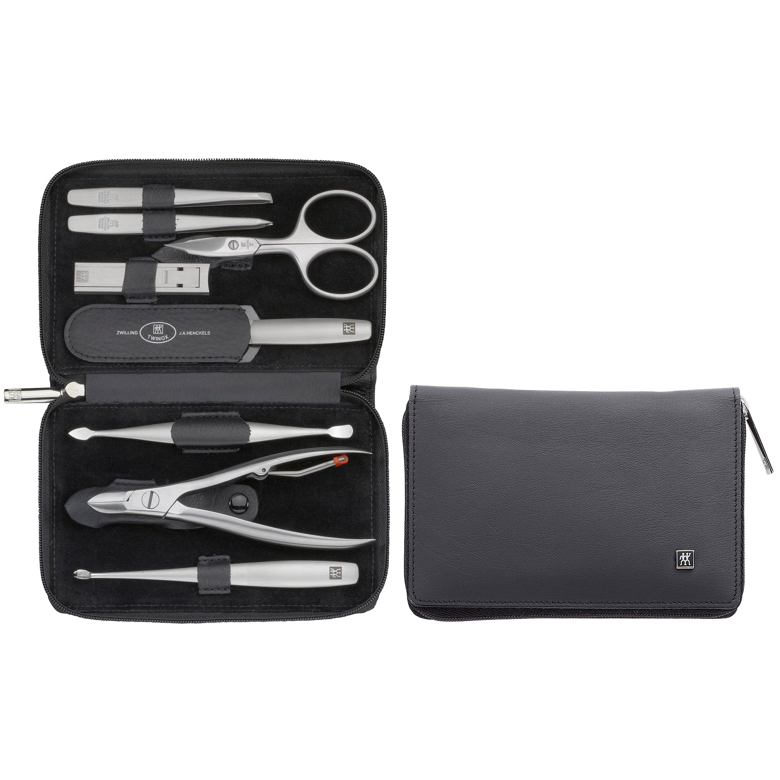 Zwilling Beauty Twinox Manicure and Pedicure Nappa Leather Case with Zip Closure, Nail Care Kit, 9-Piece, Premium Travel Nail Kit, Black