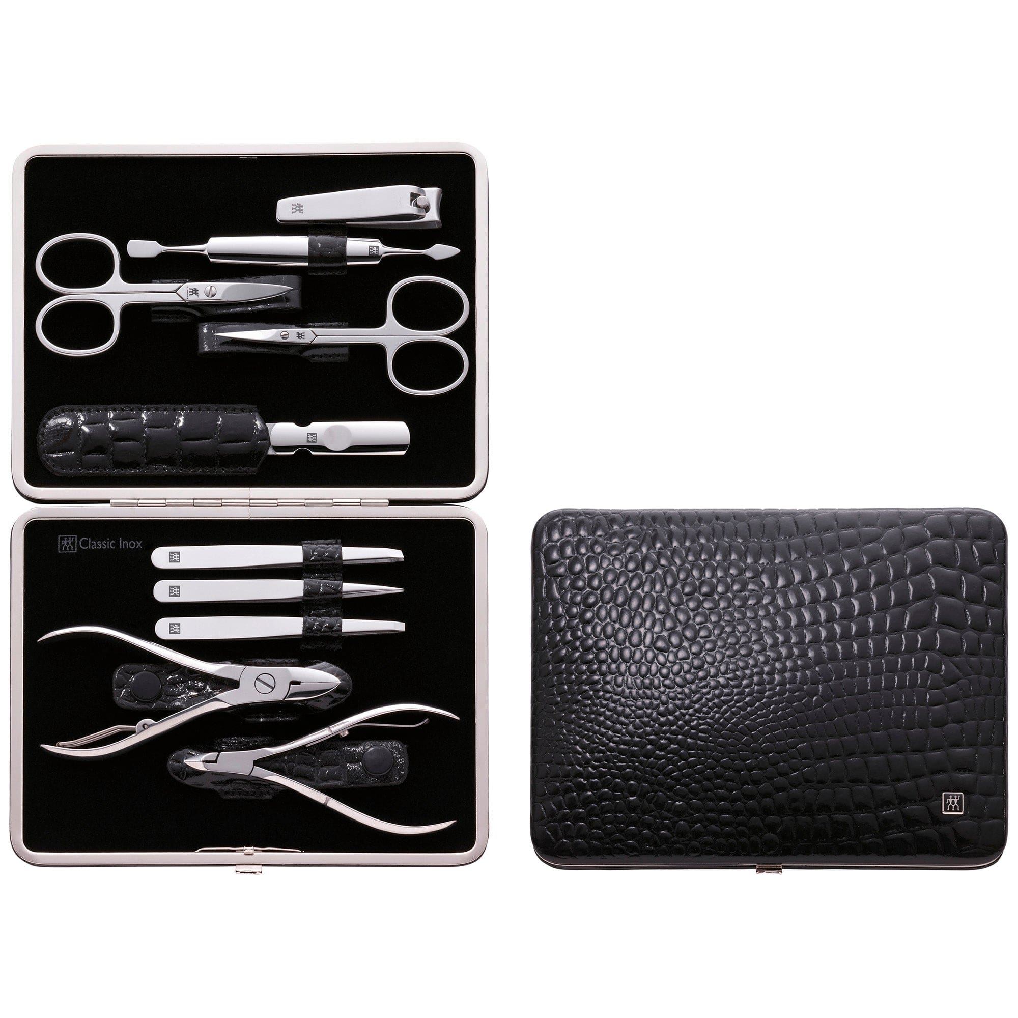 Zwilling Manicure Set Pedicure Kit, Nail Care Complete Set, Cowhide, Crocodile Edition, 10 Pieces, Black