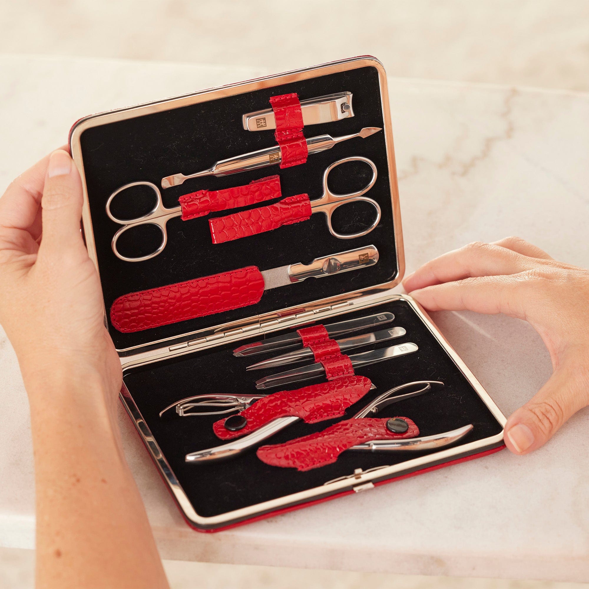 Zwilling Manicure Set Pedicure Kit, Nail Care Complete Set, Cowhide, Croco Edition, 10-Piece, Red