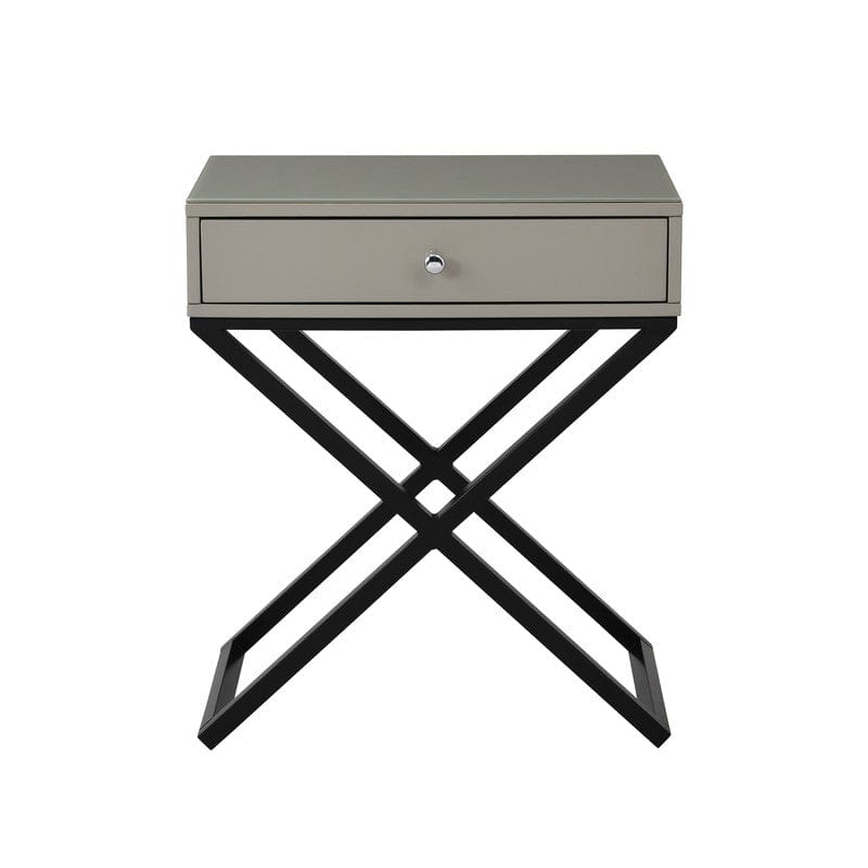Willow & Hearth Koda 23"W Taupe Wooden End Side Table Nightstand with Glass Top, Drawer and Metal Cross Base