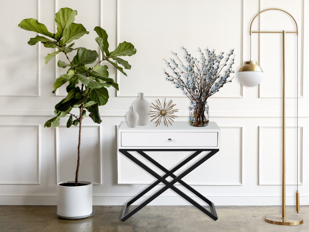 Willow & Hearth Koda 23"W White Wooden End Side Table Nightstand with Glass Top, Drawer and Metal Cross Base