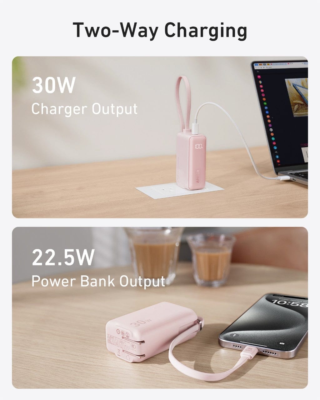 Anker Power Bank (30W, 5k,  Fusion, Built-In USB-C Cable)