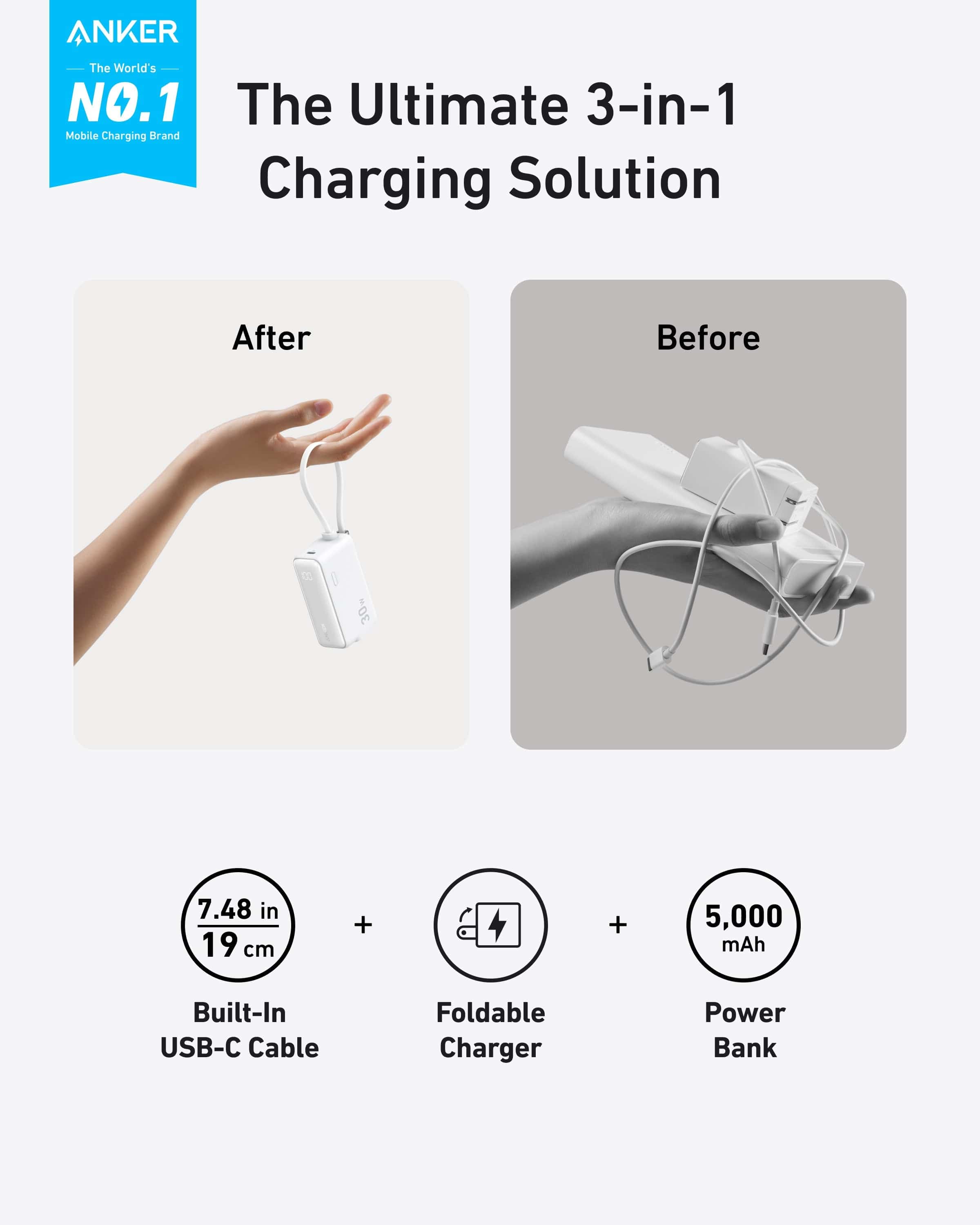 Anker Power Bank (30W, 5k,  Fusion, Built-In USB-C Cable)
