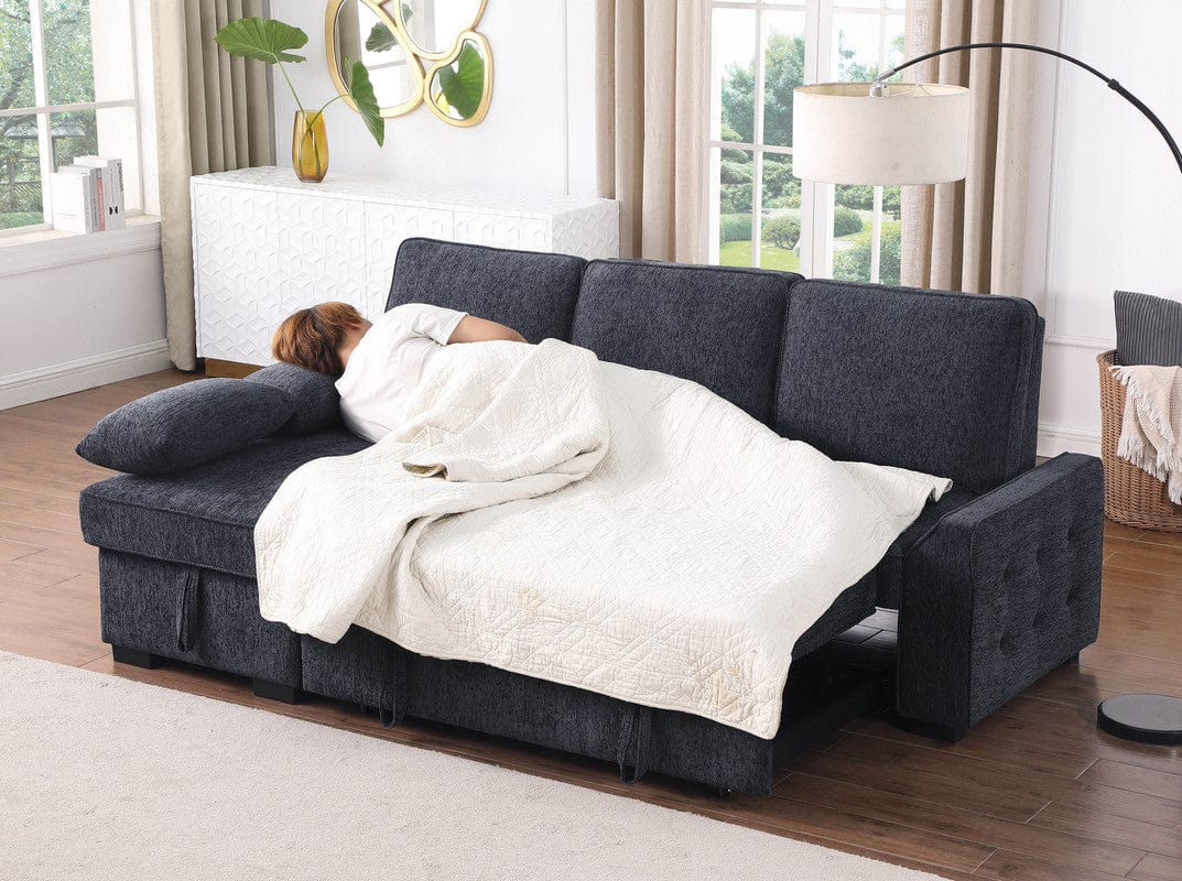 Willow & Hearth Mackenzie 91"W Dark Gray Chenille Fabric Reversible Sleeper Sectional with Storage, Drop-Down Table, Cup Holders & Charging Ports