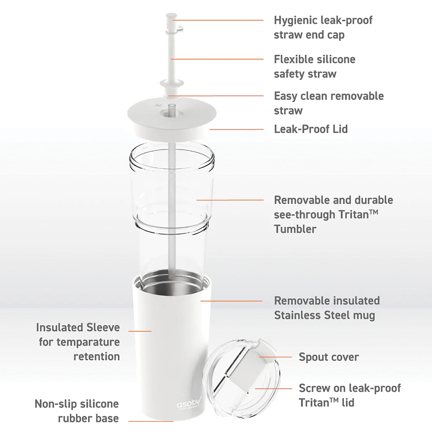 Asobu Marina See-Through Triton Tumbler with Flexible Straw, White