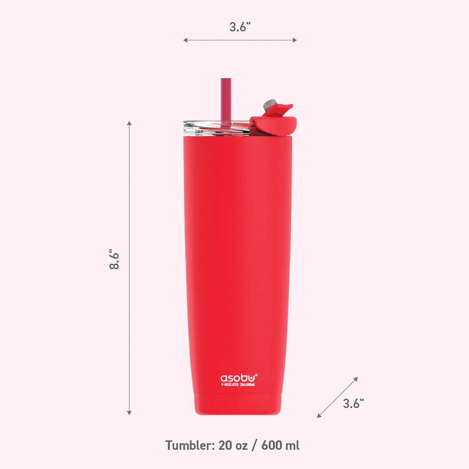 Asobu 20-Oz. Aqualina Double-Wall-Insulated Stainless Steel Tumbler with Straw, Red