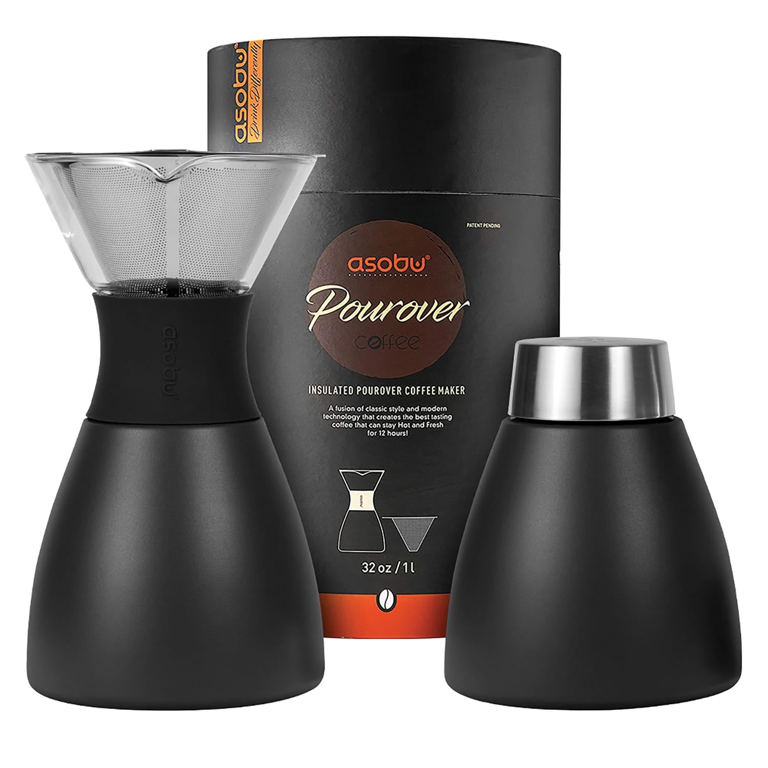 Asobu Insulated Pour-over Coffee Maker with Removable Carafe, 34-Oz., Black