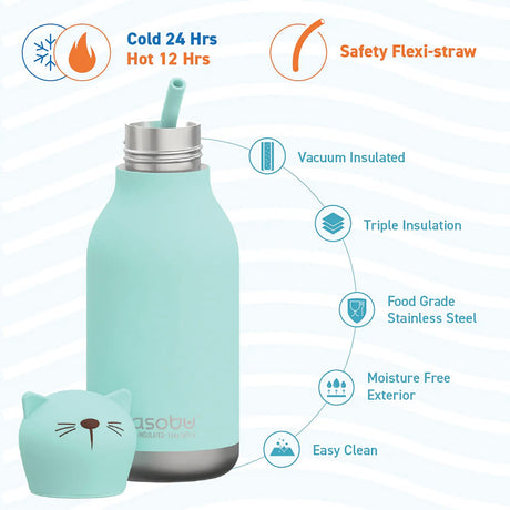 Asobu 16-Oz. Bestie Bottle Insulated Stainless Steel Water Bottle with Reusable Flexi Straw, Kitty
