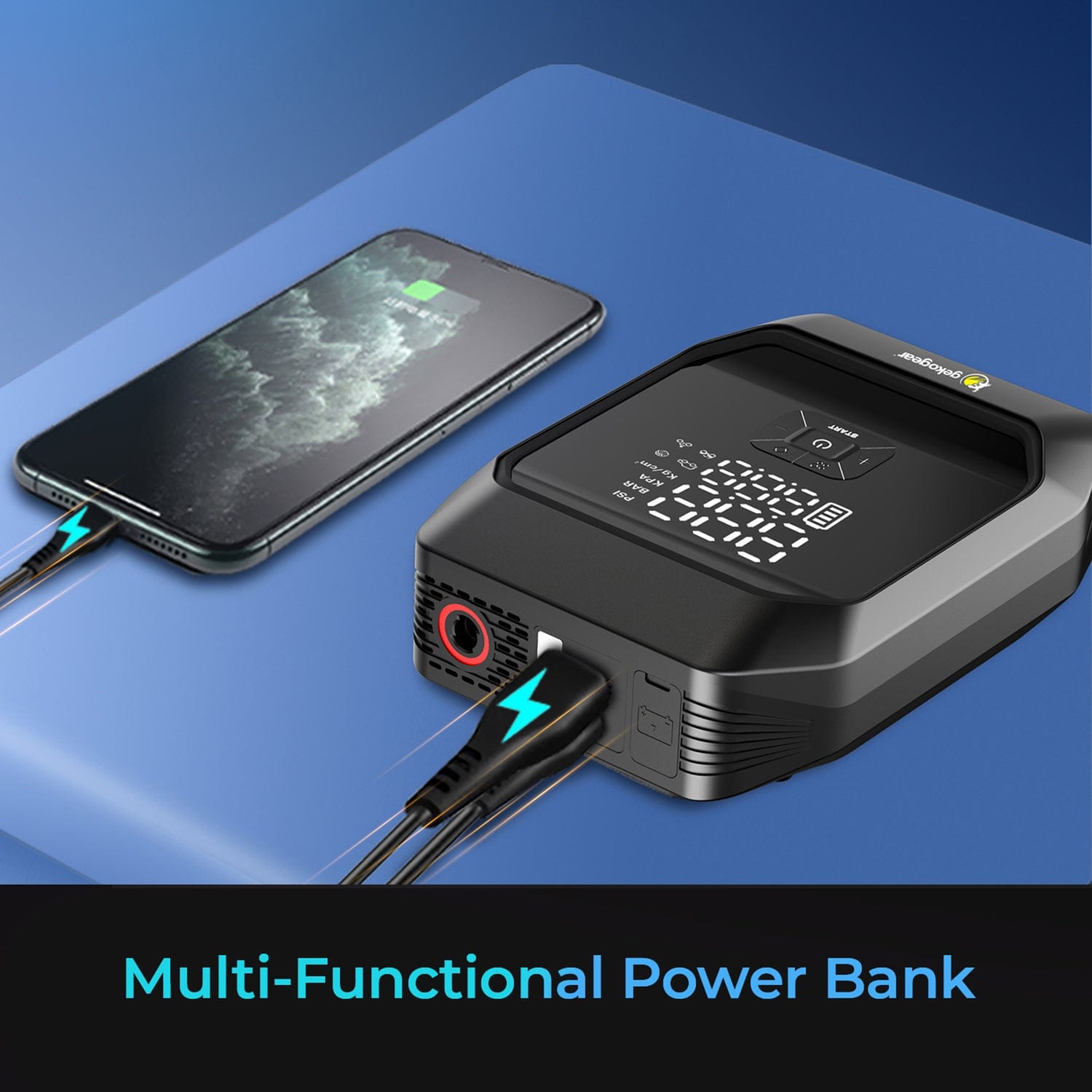 GekoGear AirFlux 300 Portable Air Pump and 1000-Peak-Amp Jump Starter with Power Bank