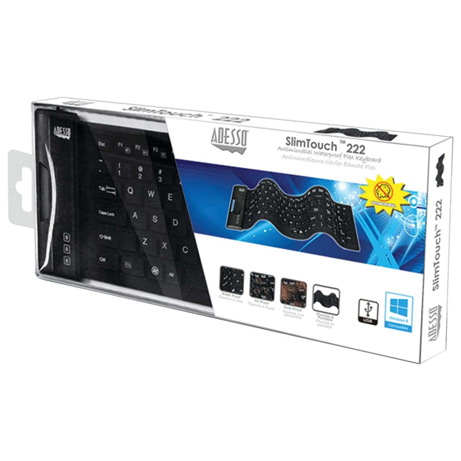 Adesso SlimTouch 222 Wired Antimicrobial Waterproof Flex Computer Keyboard, for Windows, Full Size