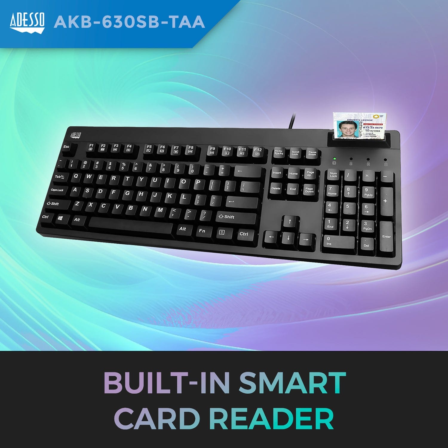 Adesso Wired USB Antimicrobial Desktop Keyboard with Smart Card Reader, TAA Compliant, for Windows, Full Size