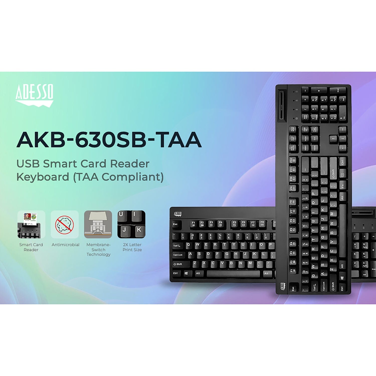 Adesso Wired USB Antimicrobial Desktop Keyboard with Smart Card Reader, TAA Compliant, for Windows, Full Size
