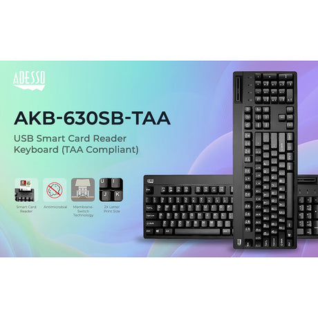 Adesso Wired USB Antimicrobial Desktop Keyboard with Smart Card Reader, TAA Compliant, for Windows, Full Size