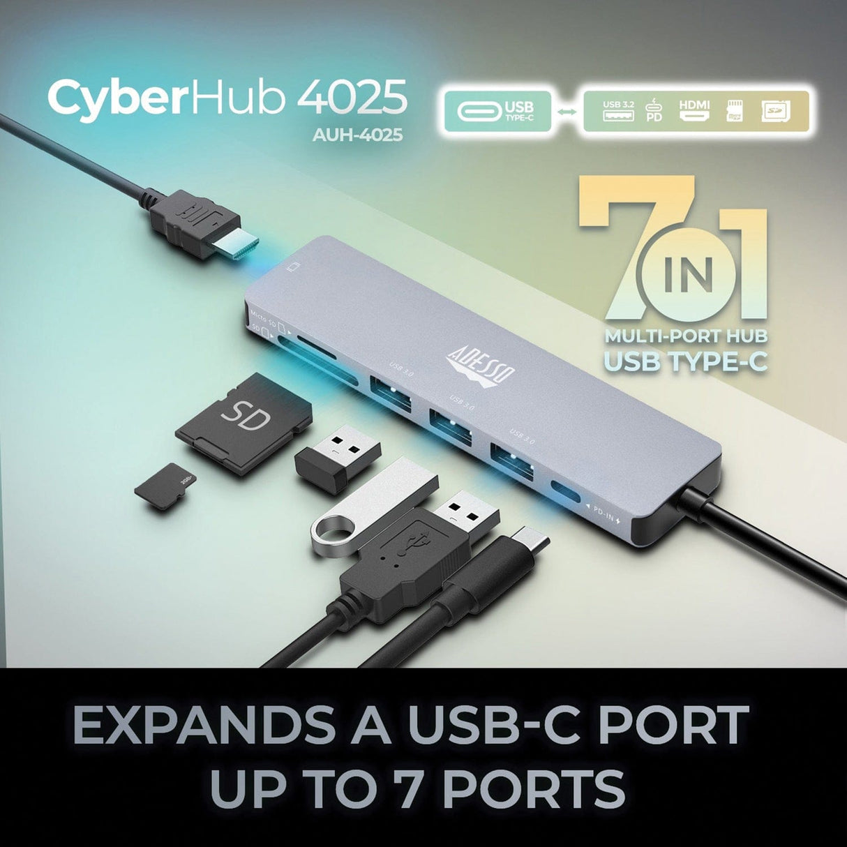 Adesso 7-in-1 CyberHub USB-C Docking Station with 4K HDMI Port, for Laptops