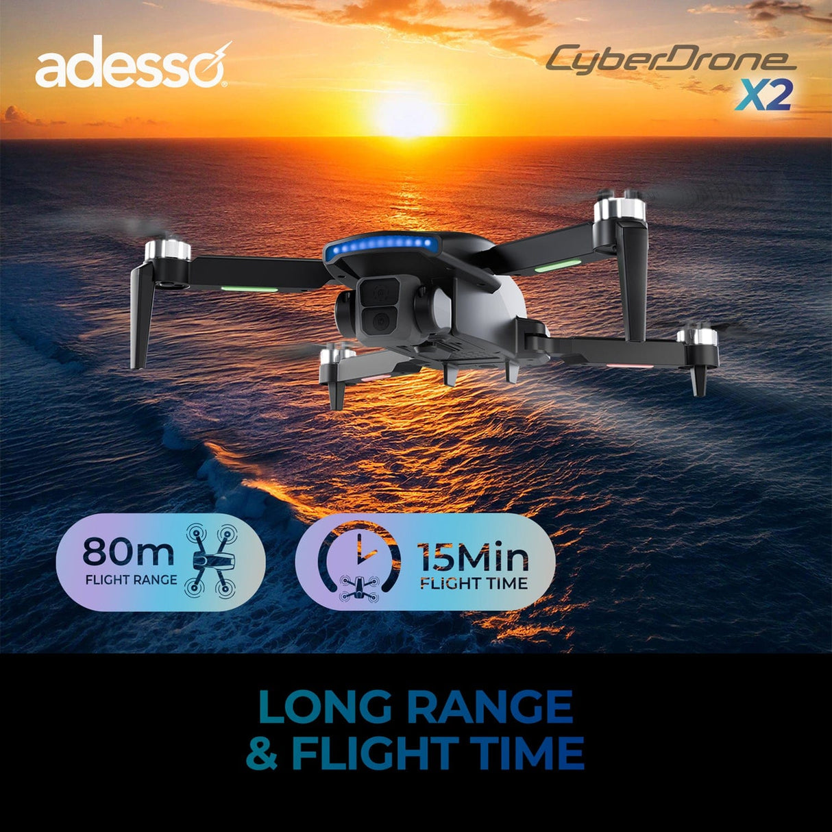 Adesso CyberDrone X2 1080p Drone with FPV Camera, Gimbal, and Remote