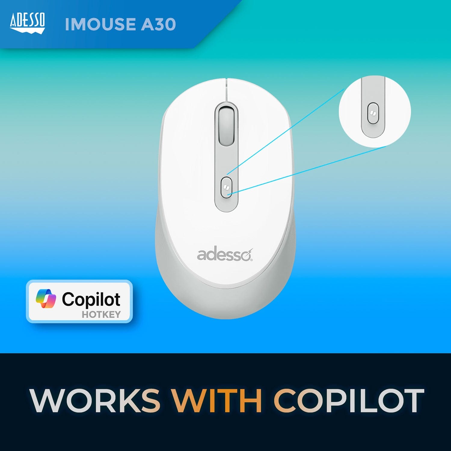 Adesso iMouse A30 Wireless Computer Mouse with AI Copilot Button, 4 Buttons, 1200 DPI, for PC and Mac, White