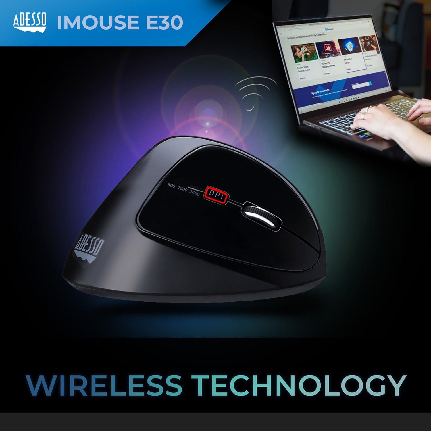 Adesso iMouse E30 Wireless Vertical Ergonomic Mouse, 6 Buttons, 4800 DPI, for PC