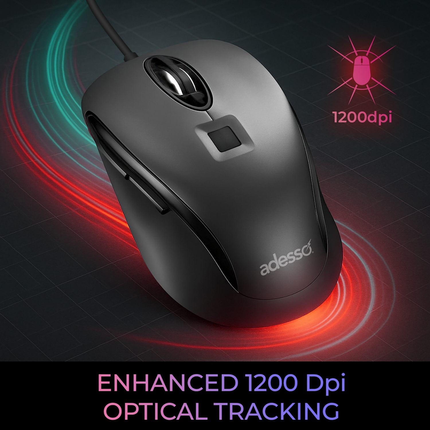 Adesso iMouse F1-TAA Wired USB Computer Mouse with Fingerprint Reader, 5 Buttons, 1200 DPI, for PC and Mac
