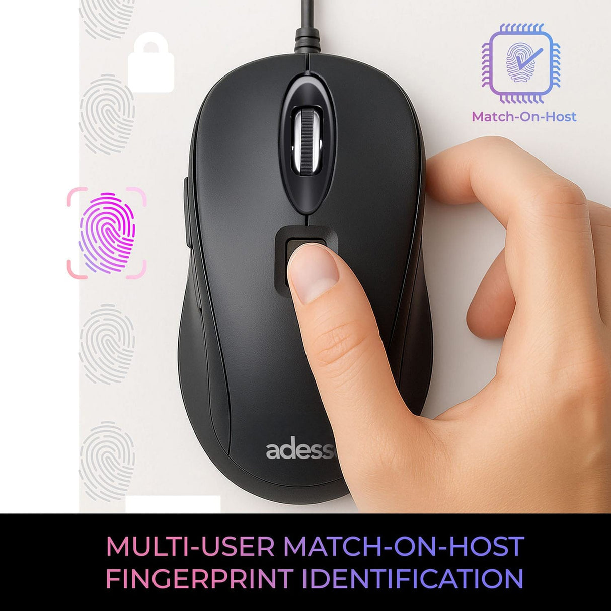 Adesso iMouse F1-TAA Wired USB Computer Mouse with Fingerprint Reader, 5 Buttons, 1200 DPI, for PC and Mac
